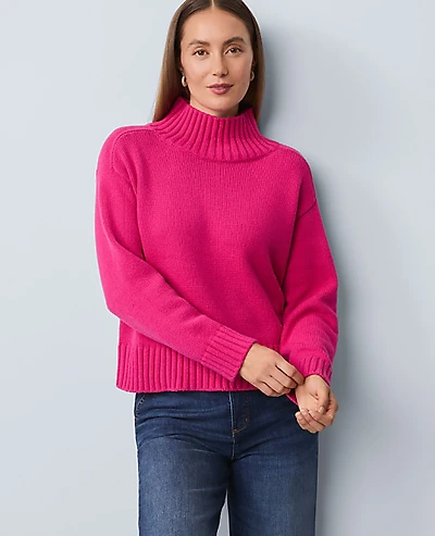 Ann Taylor Petite Ribbed Mock Neck Sweater Electric Pink Women's