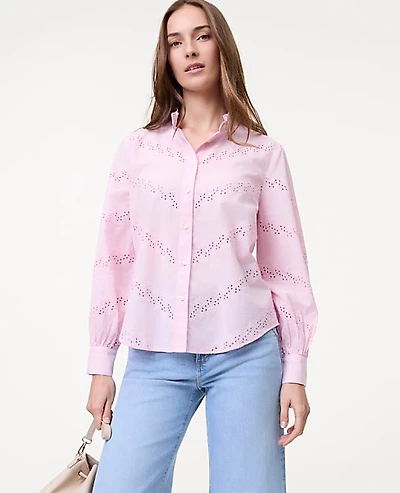 Ann Taylor Weekend Eyelet Ruffle Collar Shirt Women's