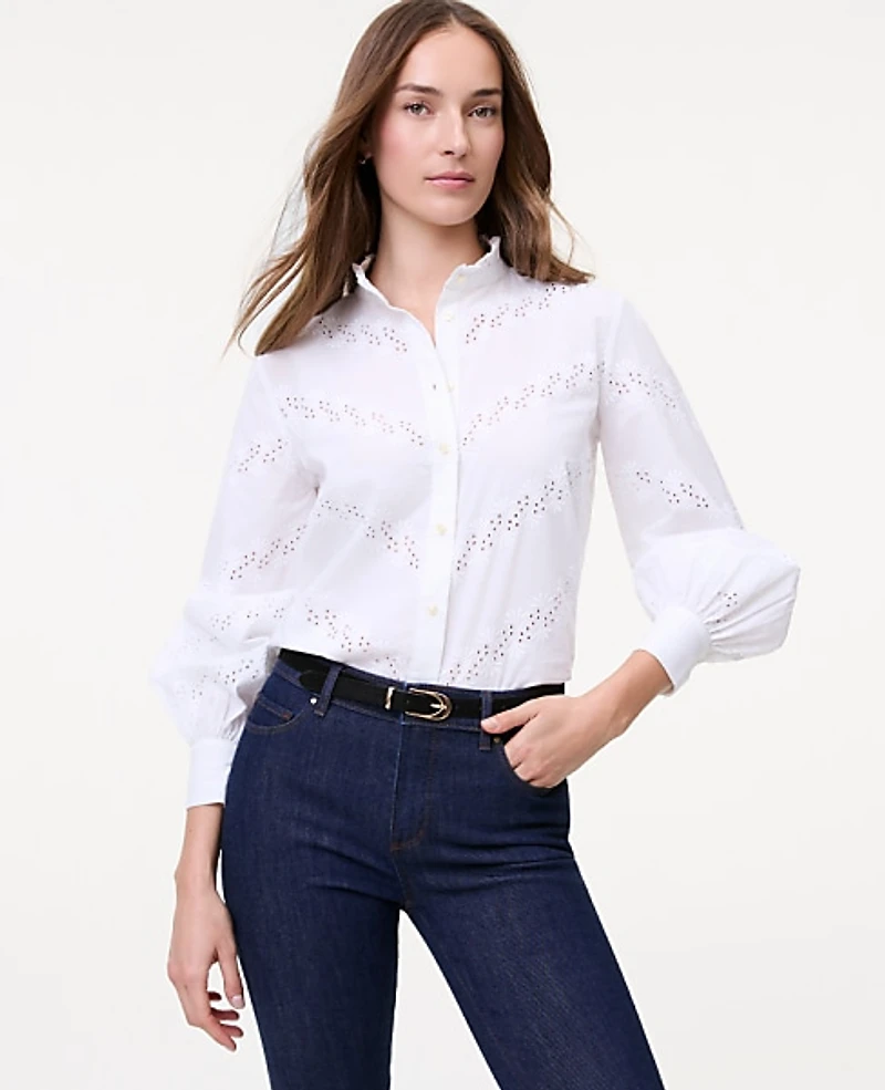 Ann Taylor Weekend Eyelet Ruffle Collar Shirt Women's