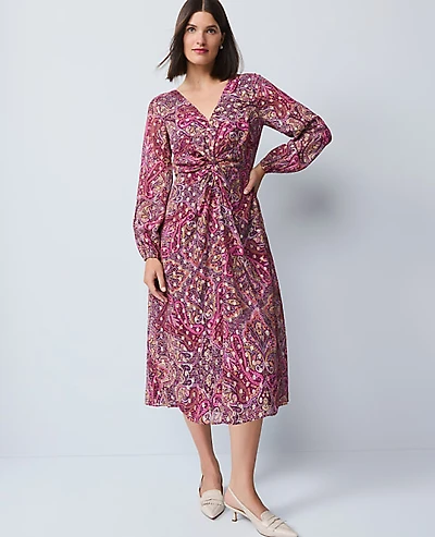 Ann Taylor Petite Draped Paisley Midi Dress Poised Plum Women's