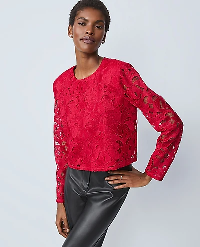 Ann Taylor Petite Lace Crew Neck Blouse Jewel Red Women's