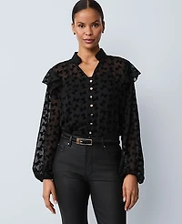 Ann Taylor Petite Ruffle Trim Blouse Black Women's