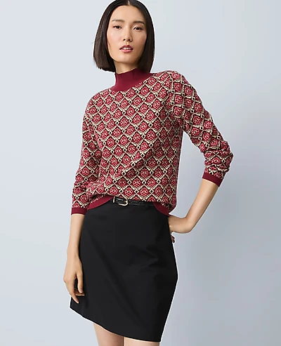 Ann Taylor Petite Essential Jacquard Turtleneck Sweater Cherry Pie Women's