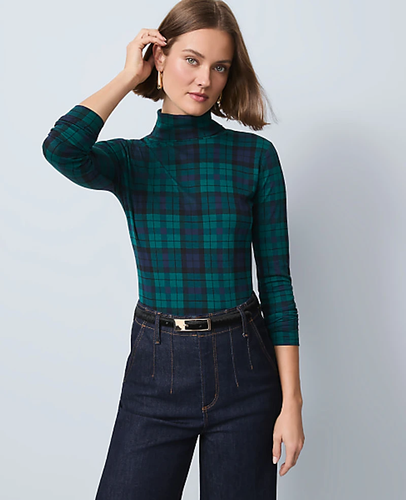 Ann Taylor Petite Plaid Turtleneck Top Rainforest Women's