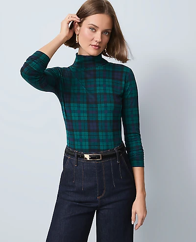 Ann Taylor Petite Plaid Turtleneck Top Rainforest Women's