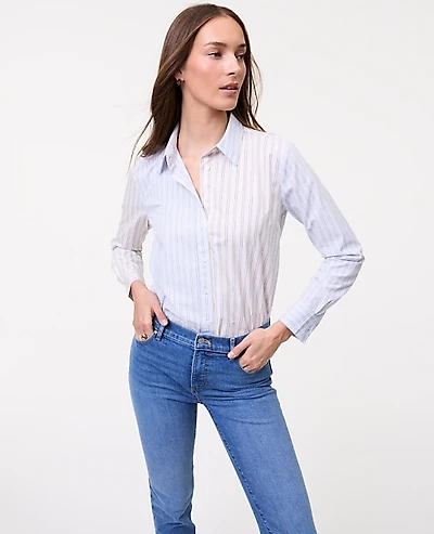 Ann Taylor Weekend Striped Relaxed Perfect Shirt Blush Haze Women's