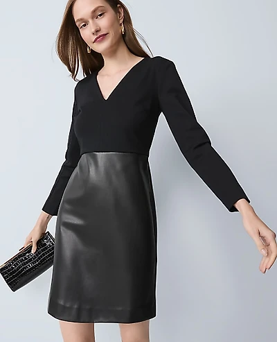 Ann Taylor Petite Mixed Media V-Neck Sheath Dress Size 12 Black Women's