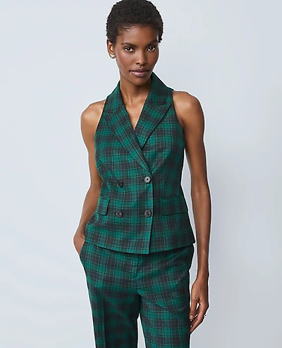 Ann Taylor The Petite Double Breasted Vest Plaid Ponderosa Pine Women's