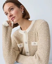 Ann Taylor Metallic Waffle Knit Sweater Jacket Winter White Women's