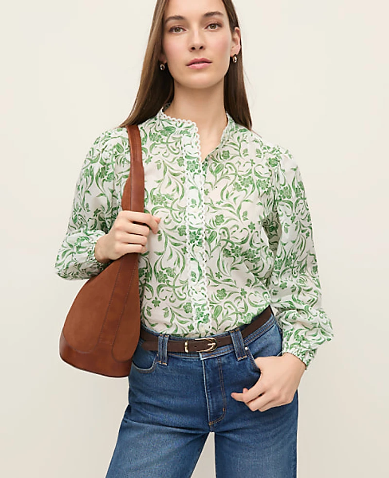 Ann Taylor Floral Embroidered Collar Blouse Palm Green Women's