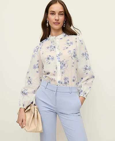 Ann Taylor Floral Embroidered Collar Blouse Winter White Women's