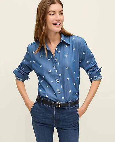 Ann Taylor Weekend Chambray Relaxed Perfect Shirt White 9000 Women's