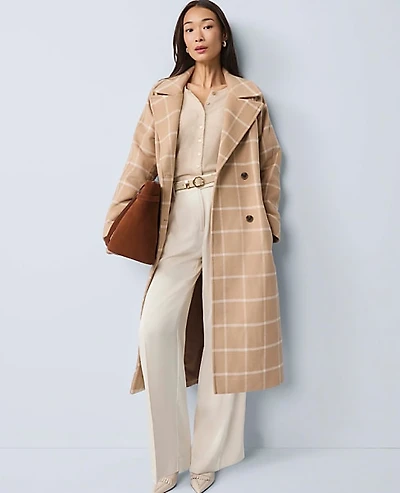 Ann Taylor Windowpane Belted Coat Cafe Au Lait Women's