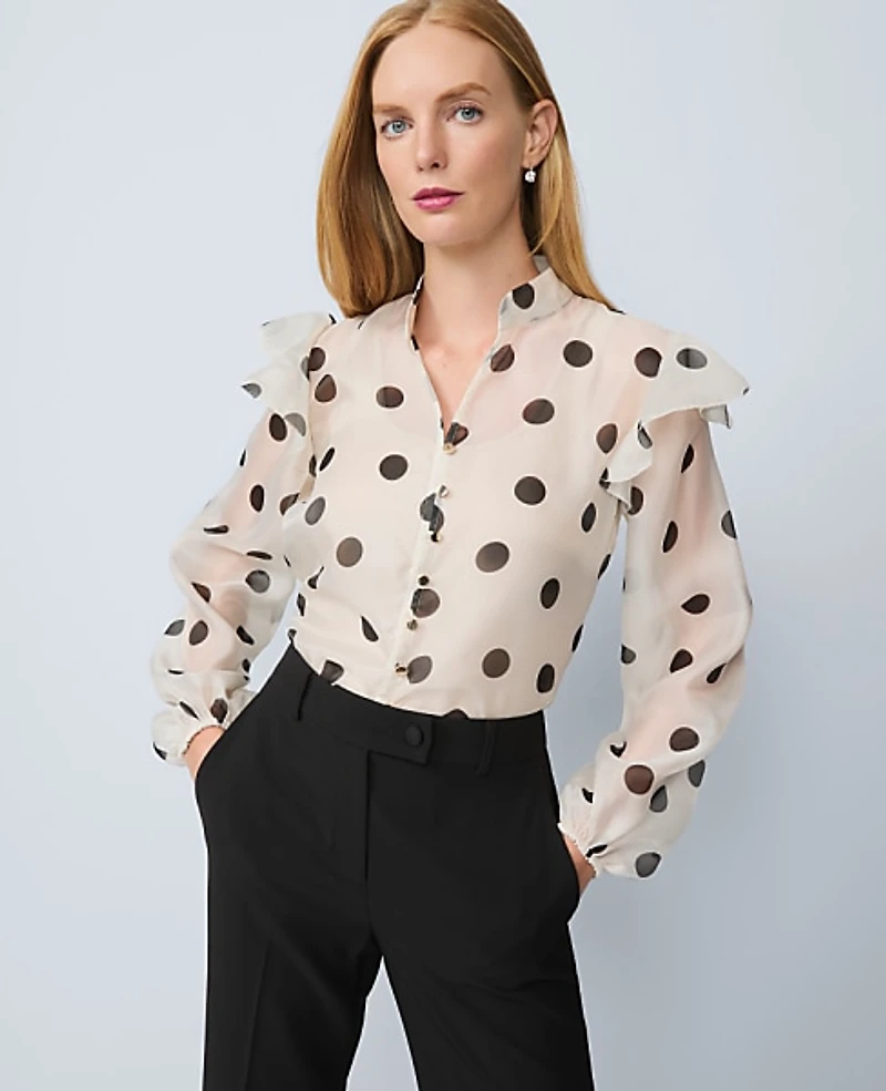 Ann Taylor Petite Dotted Ruffle Trim Blouse Ivory Whisper Women's