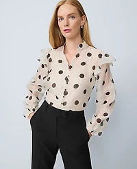 Ann Taylor Petite Dotted Ruffle Trim Blouse Ivory Whisper Women's