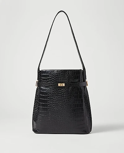 Ann Taylor Croco Belted Bucket Bag Black Women's