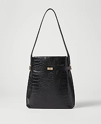 Ann Taylor Croco Belted Bucket Bag Black Women's