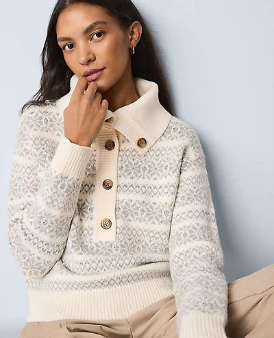 Ann Taylor Weekend Fair Isle Polo Sweater Neutral Multi Women's