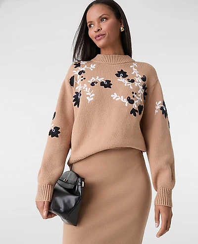 Ann Taylor Embroidered Floral Mock Neck Sweater Cafe Au Lait Women's
