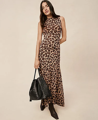 Ann Taylor Petite Animal Print Mock Neck Sweater Dress Almond Croissant Women's