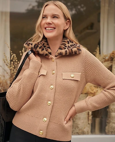 Ann Taylor Weekend Faux Fur Trim Ribbed Jacket Cafe Au Lait Women's