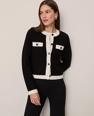 Ann Taylor Textured Sweater Jacket Black/White Combo Women's