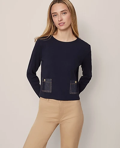 Ann Taylor Petite Weekend Denim Patch Pocket Pullover Size XS Night Sky Women's