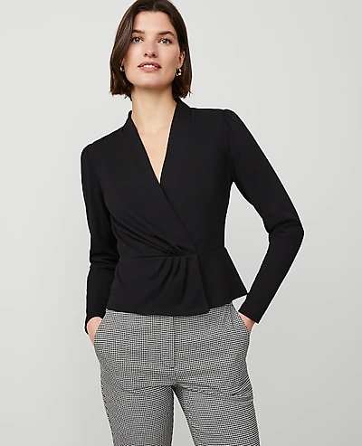 Ann Taylor Petite Pleat Waist Wrap Top Black Women's