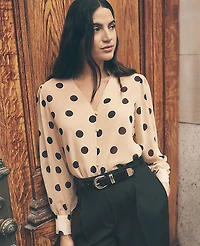 Ann Taylor Petite Dotted V-Neck Popover Top Size Small Cafe Au Lait Women's