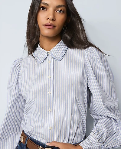 Ann Taylor Weekend Striped Ruffle Collar Blouse Size Large Peaceful Periwinkle Women's
