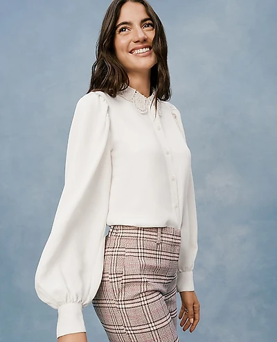 Ann Taylor Petite Lace Collar Blouson Sleeve Shirt Winter White Women's
