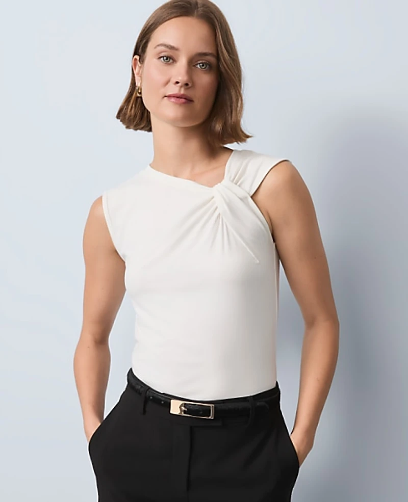 Ann Taylor Asymmetric Twist Shoulder Top Size Large Winter White Women's