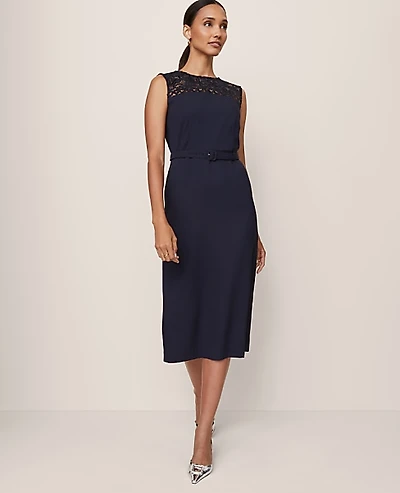 Ann Taylor Petite Lace Trim Satin Midi Dress Night Sky Women's