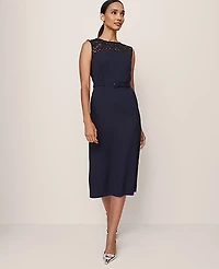 Ann Taylor Petite Lace Trim Satin Midi Dress Night Sky Women's