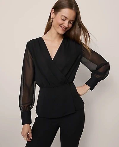 Ann Taylor Petite Draped Wrap Blouse Size 2XS Black Women's