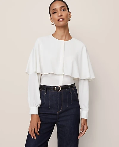 Ann Taylor Petite Capelet Overlay Blouse Size 2XS Winter White Women's