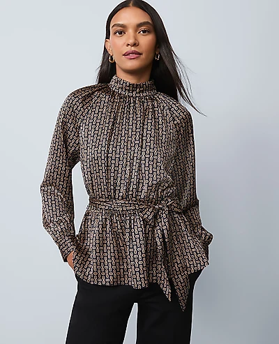 Ann Taylor Petite Chain Link Print Tie Waist Blouse Black Women's