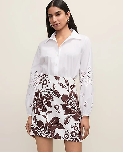 Ann Taylor Floral A-Line Skirt Linen Blend Rich Walnut Women's