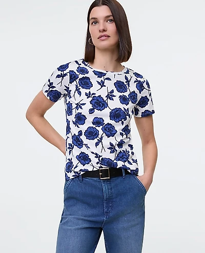 Ann Taylor Petite Floral Crew Neck T-Shirt Size XS Electric Periwinkle Women's
