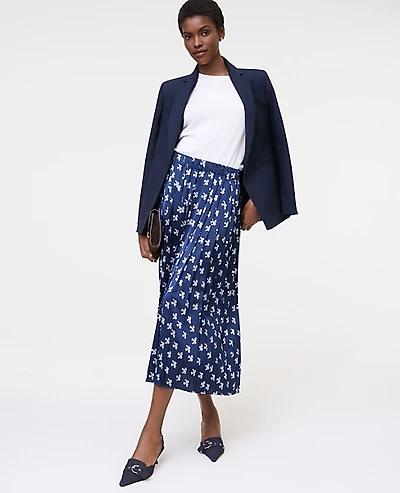Ann Taylor Floral Satin Pleated Midi Skirt Indigo Dusk Women's
