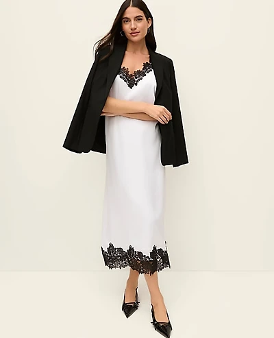 Ann Taylor Lace Trim Satin Slip Midi Dress White Women's