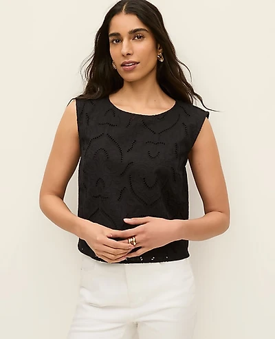 Ann Taylor Petite Eyelet Cropped Top Black Women's