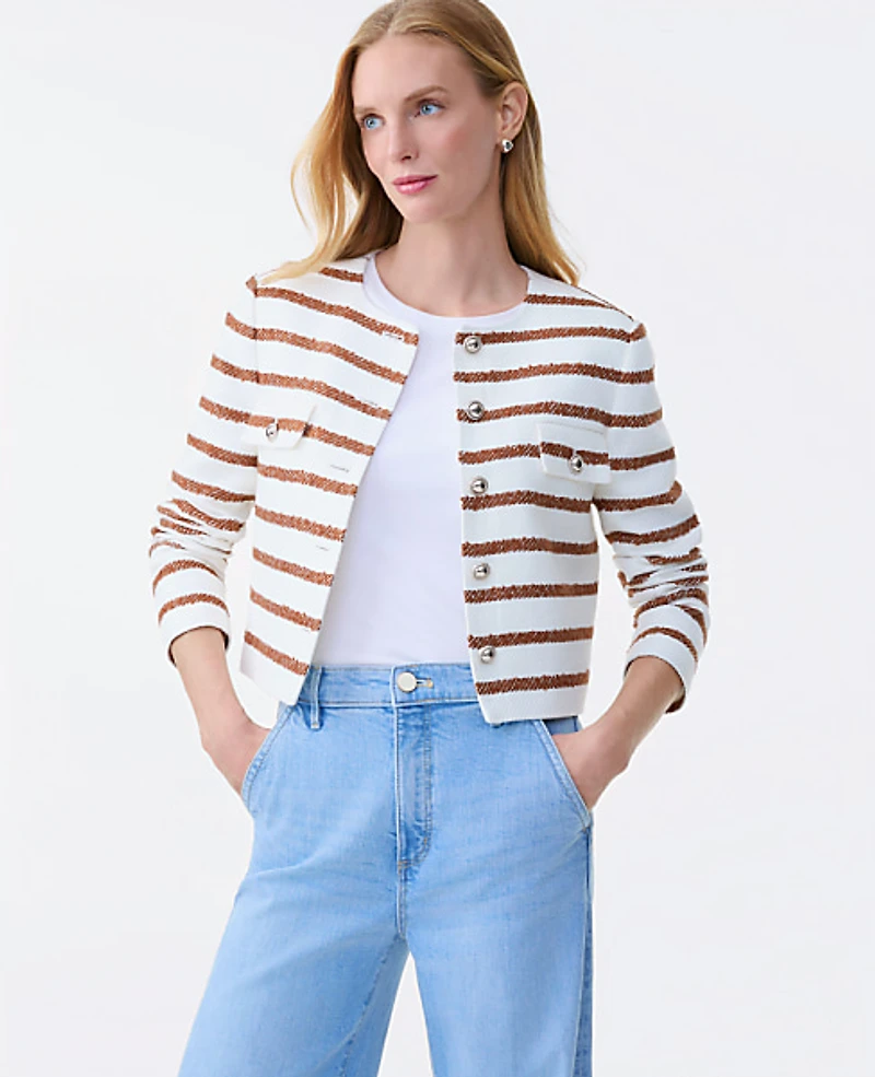 Ann Taylor The Petite Crew Neck Jacket Striped Tweed Tortoise Shell Women's