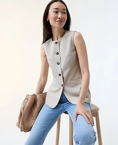 Ann Taylor The Long Crew Neck Vest Plaid Tan/Blue Combo Women's