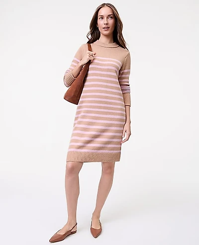 Ann Taylor Petite Weekend Collection Striped Sweater Shift Dress Camel Multi Women's