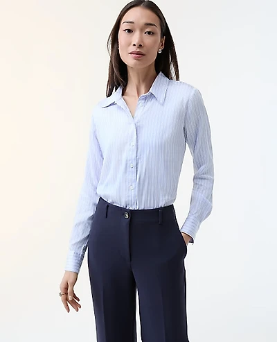 Ann Taylor Striped Relaxed Perfect Shirt Powdered Periwinkle Women's