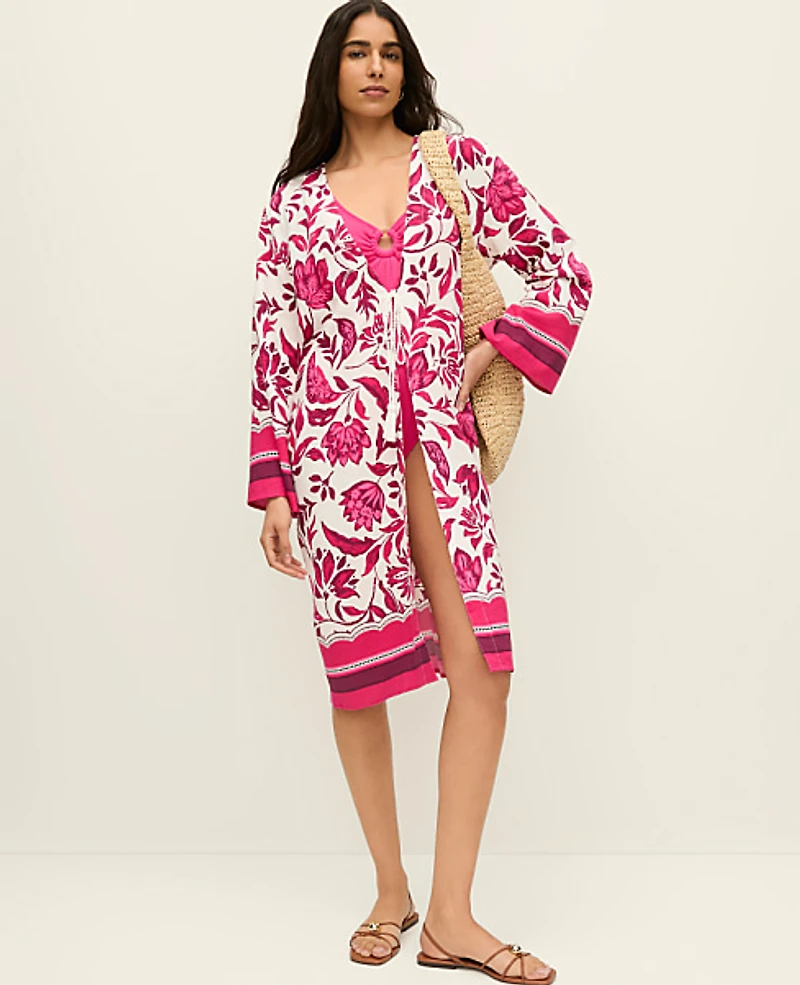 Ann Taylor Floral Beach Kimono Winter White Women's
