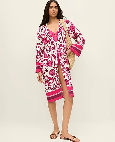 Ann Taylor Floral Beach Kimono Winter White Women's