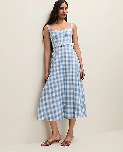 Ann Taylor Gingham Belted Midi Dress Linen Blend Sea Haze Women's