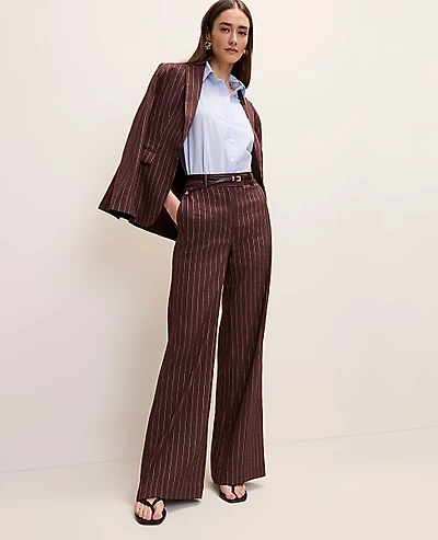 Ann Taylor The Pinstriped Wide-Leg Flare Trouser Linen Blend Rich Walnut Women's